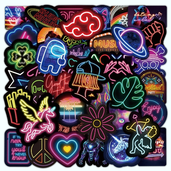 50 Neon Light Effect Cartoon Creative Motorcycle Computer Skateboard Luggage Waterproof Graffiti Stickers - 