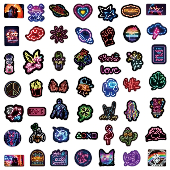 50 Neon Light Effect Cartoon Creative Motorcycle Computer Skateboard Luggage Waterproof Graffiti Stickers - 